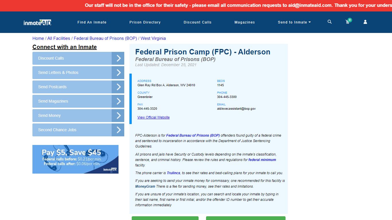 Federal Prison Camp (FPC) - Alderson - Federal Inmate ...