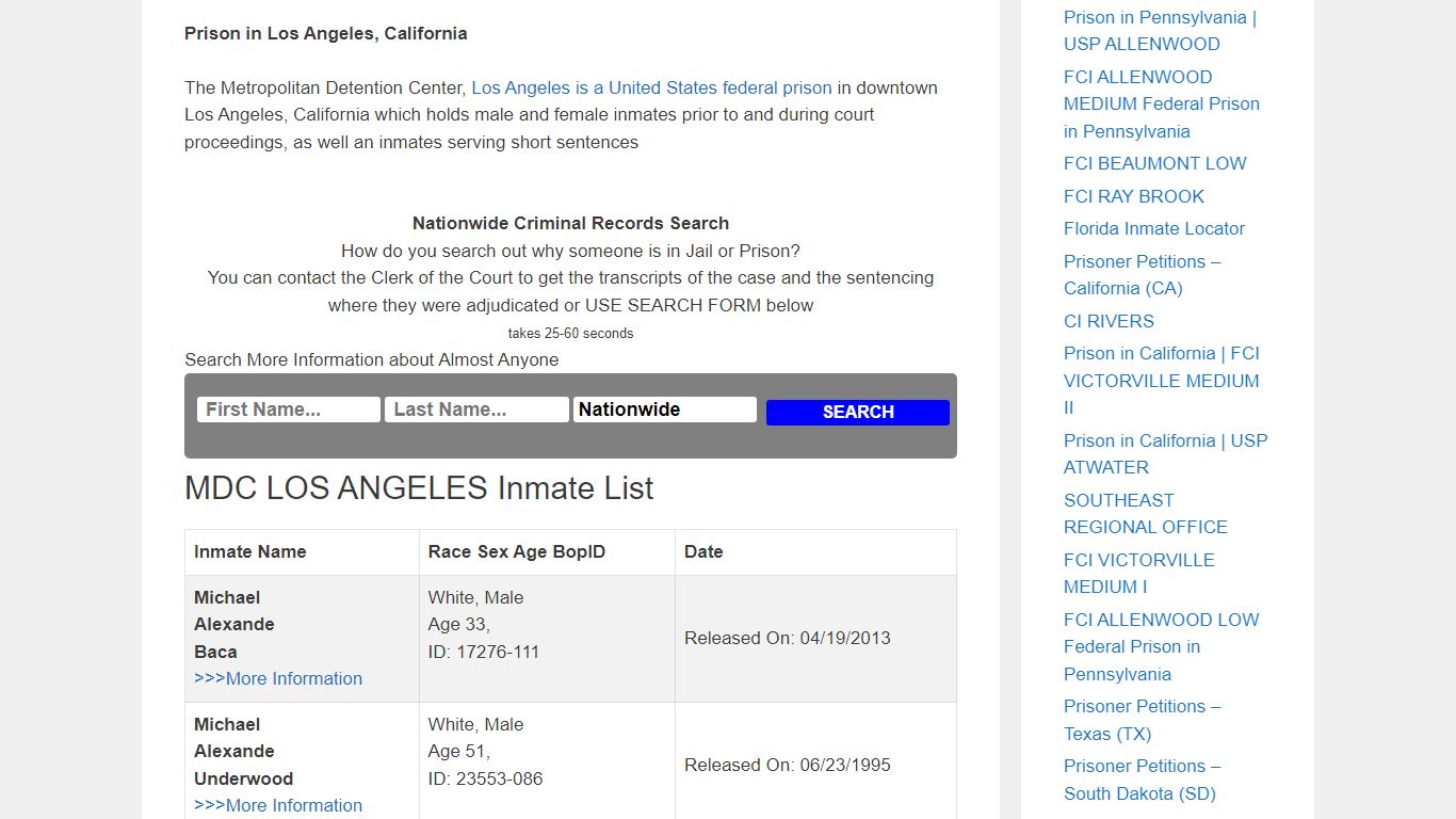 MDC LOS ANGELES – Inmate Releases